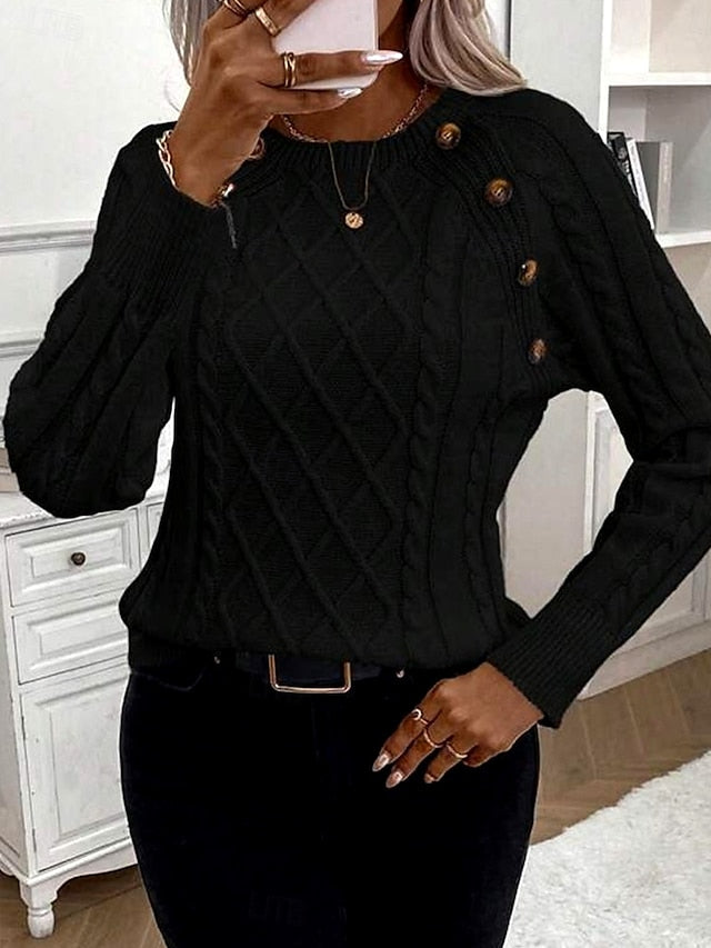 Women's Sweater Casual Soft Pure Color Cable Crew Neck