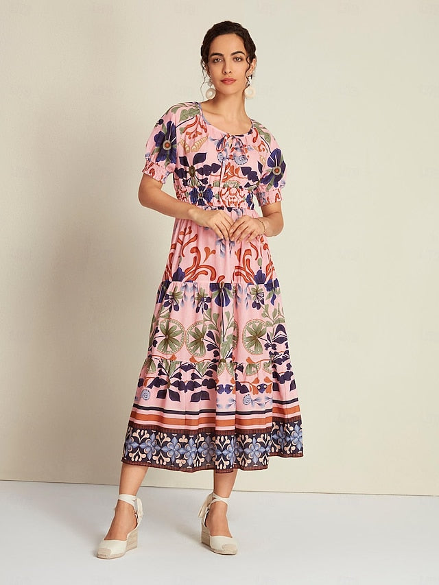 Floral Lace Up Elegant Short Sleeve Midi Dress