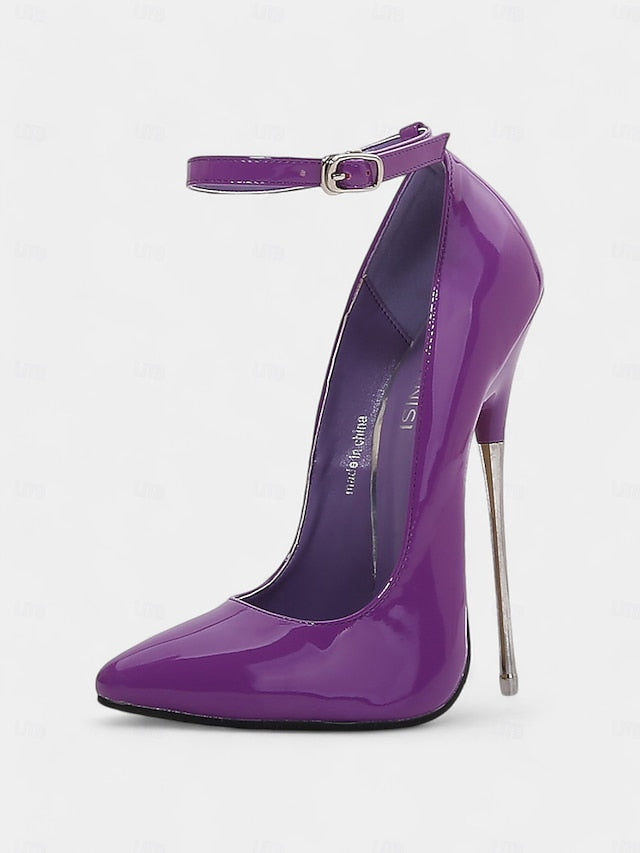 Stiletto Patent with Ankle Red Leather Strap Women's Heels