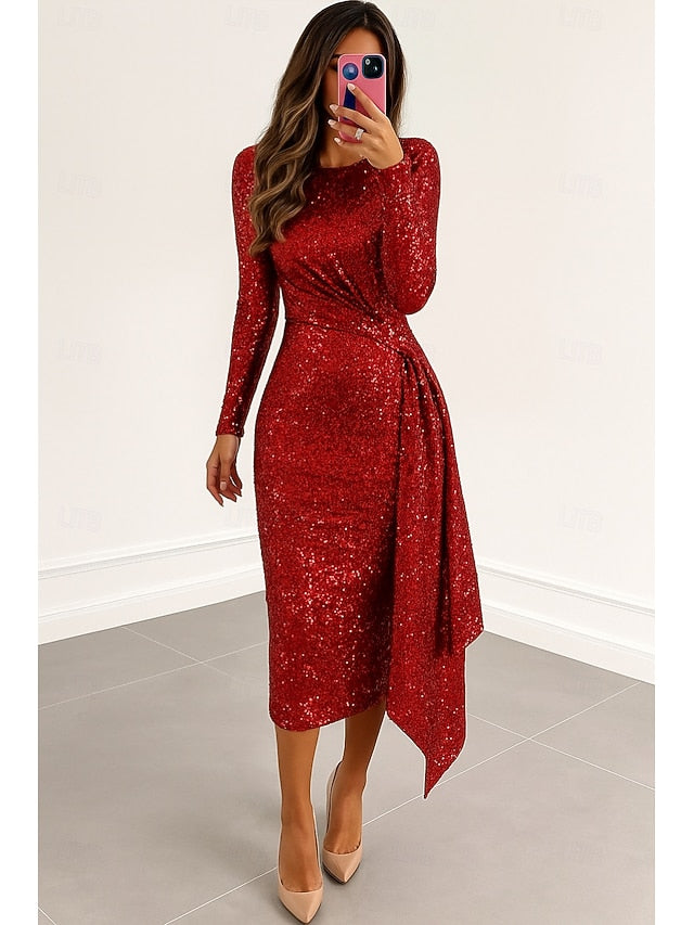Dresses Elegant Black Column Sequined Formal Cocktail Red Dress