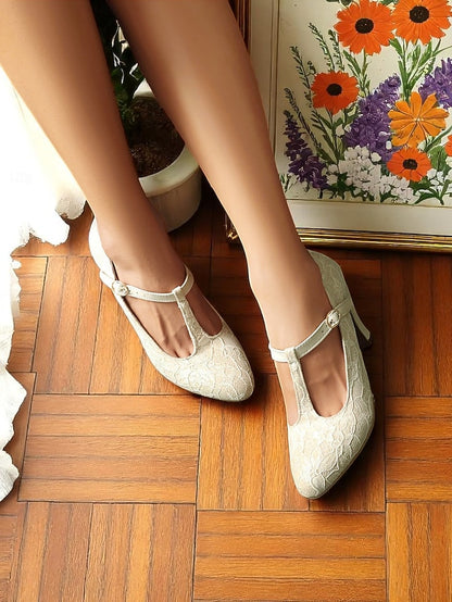 Lace Heel Ivory Mid T-Strap Women's Pumps-1920s Vintage
