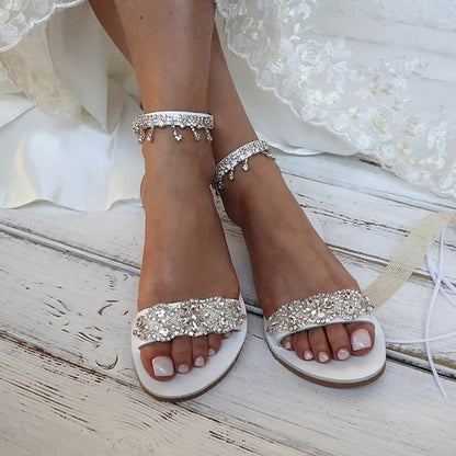 Elegant Women's Sandals White Rhinestone Flat – Bridal