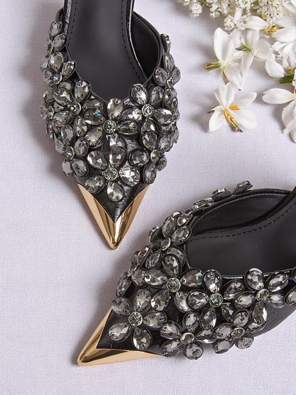 Black – Pointed-Toe Embellished Mules Women's Rhinestone
