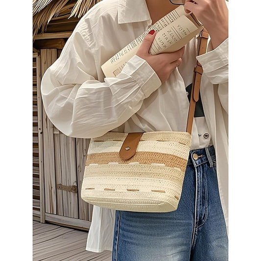 Sac fourre-tout en paille tissée marron à rayures et colorblock pour femme