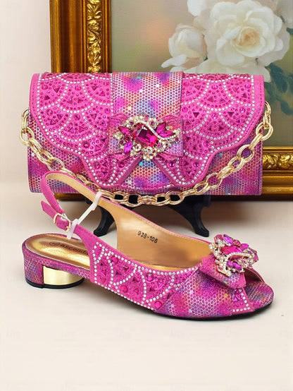 Rhinestone Slingback Women's Matching Clutch Heels Gold and
