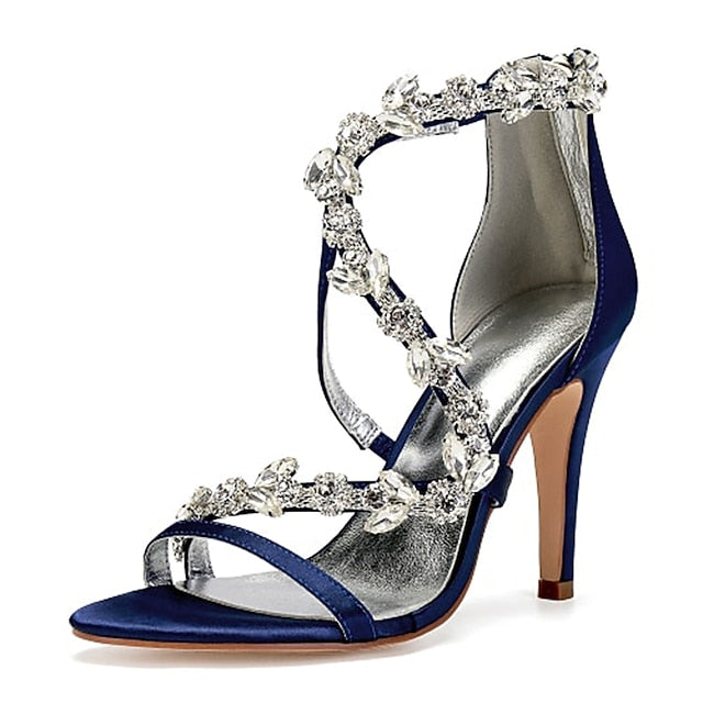 Floral Pink Sandals with High Heel Rhinestone Women's Satin