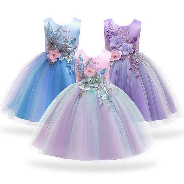Floral Kids Purple Dress Party Blue Blushing Lace Girls'