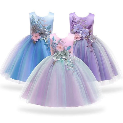Floral Kids Purple Dress Party Blue Blushing Lace Girls'