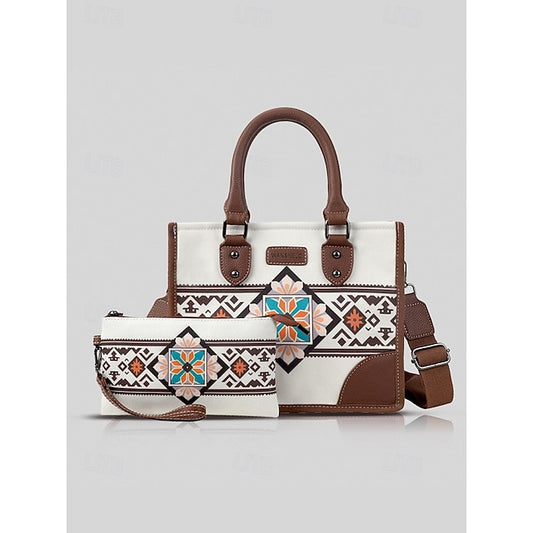 and Set Women's Ethnic Leather Faux Handbag Canvas with