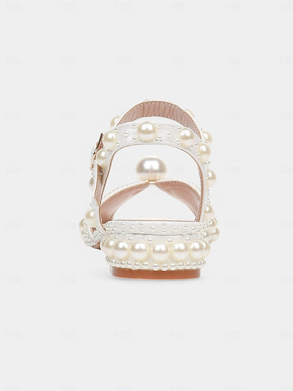 – Heel Women's Sandals Low White Pearl-Embellished