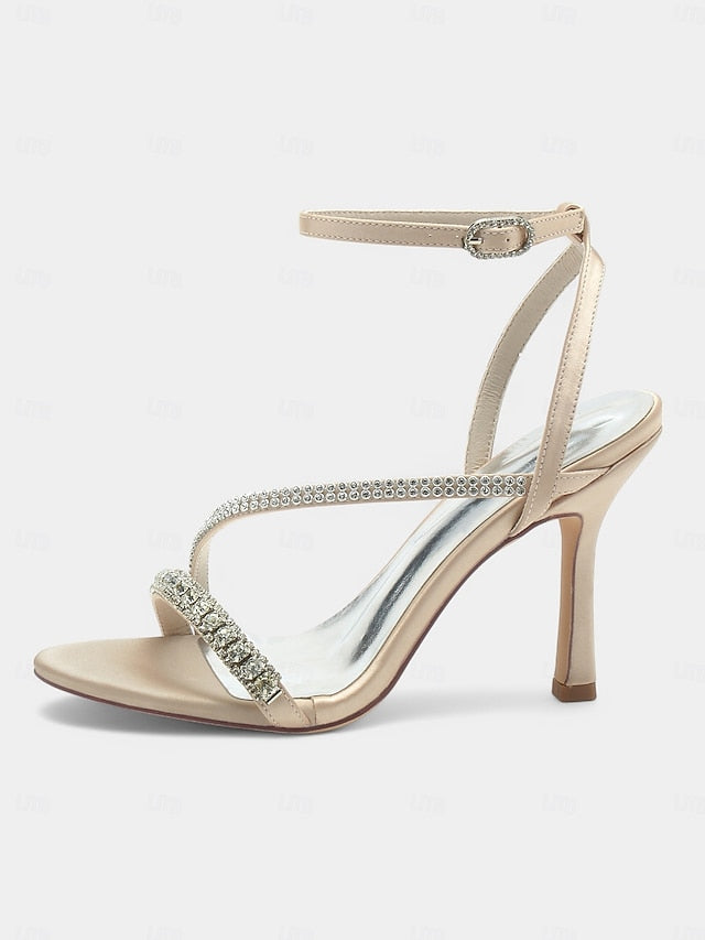 Satin Sophisticated Champagne – Rhinestone Strappy Heels