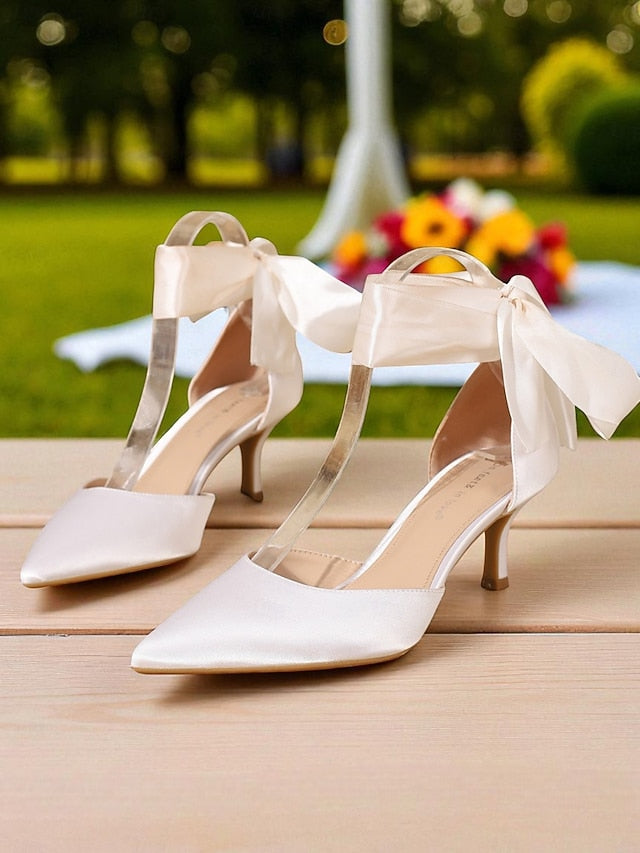 Ribbon Shoes Heel Women's with Pointed-Toe Kitten Satin