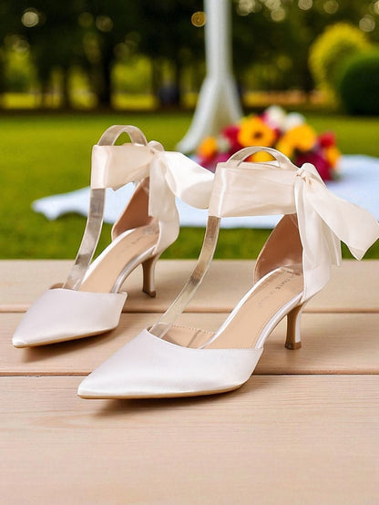 Ribbon Shoes Heel Women's with Pointed-Toe Kitten Satin