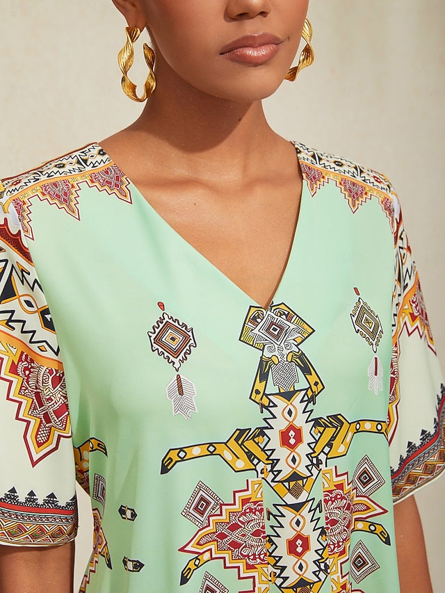 Vacation Vintage Ethnic Geometric Pattern Satin Midi Dress