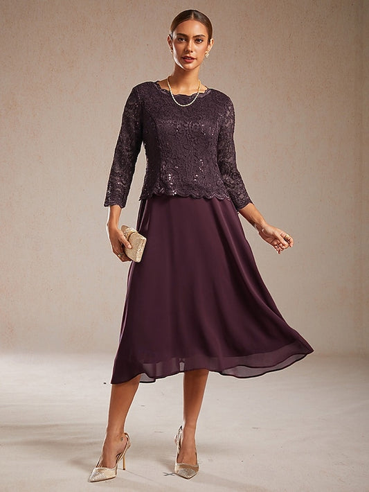 Women's Midi Dress Chiffon Dress Elegant Solid Color 3/4