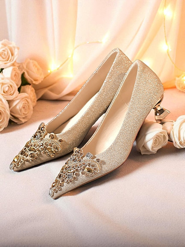 Women's Low Heel with Pointed-Toe Glitter Gold Pumps
