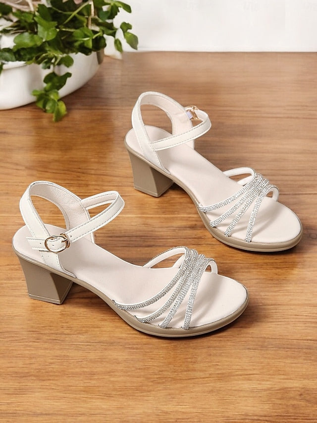 Black Strappy Comfortable Rhinestones - Block Sandals Heel with