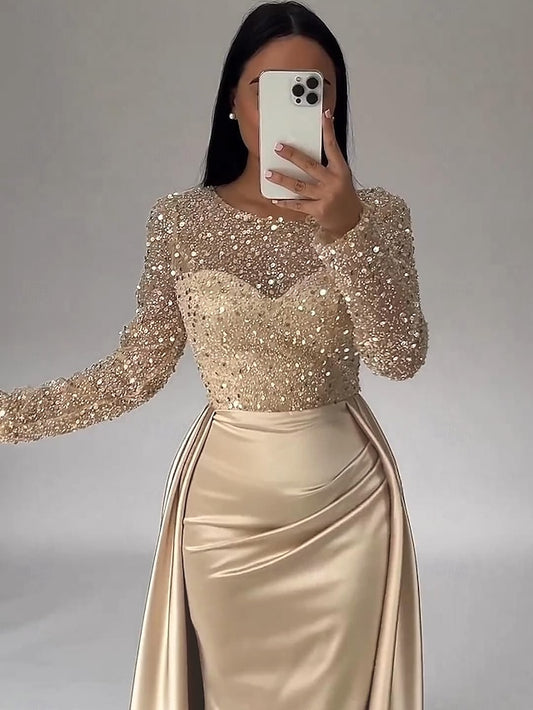 Evening Long Dress Gown Mermaid RuchedSatin Sleeves Sequin