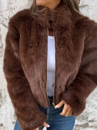 Breathable Casual Plain Faux Women's Fur Coat Warm Zipper