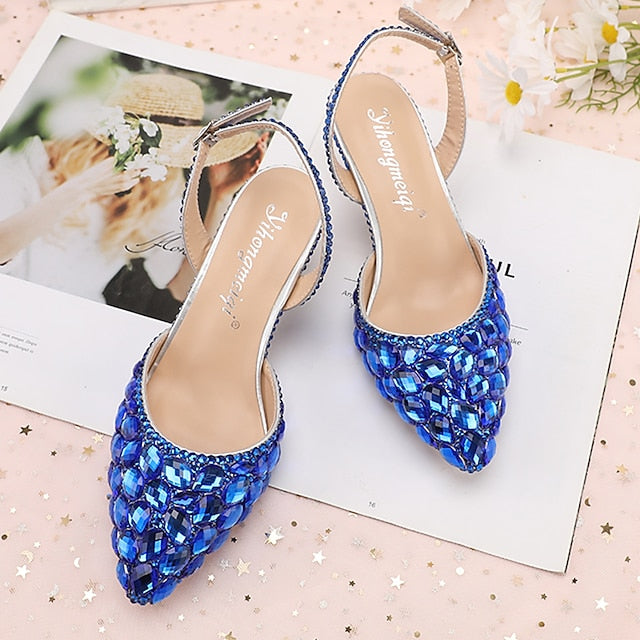 Heels Slingback Women's High Crystal Pointed-Toe Rhinestone