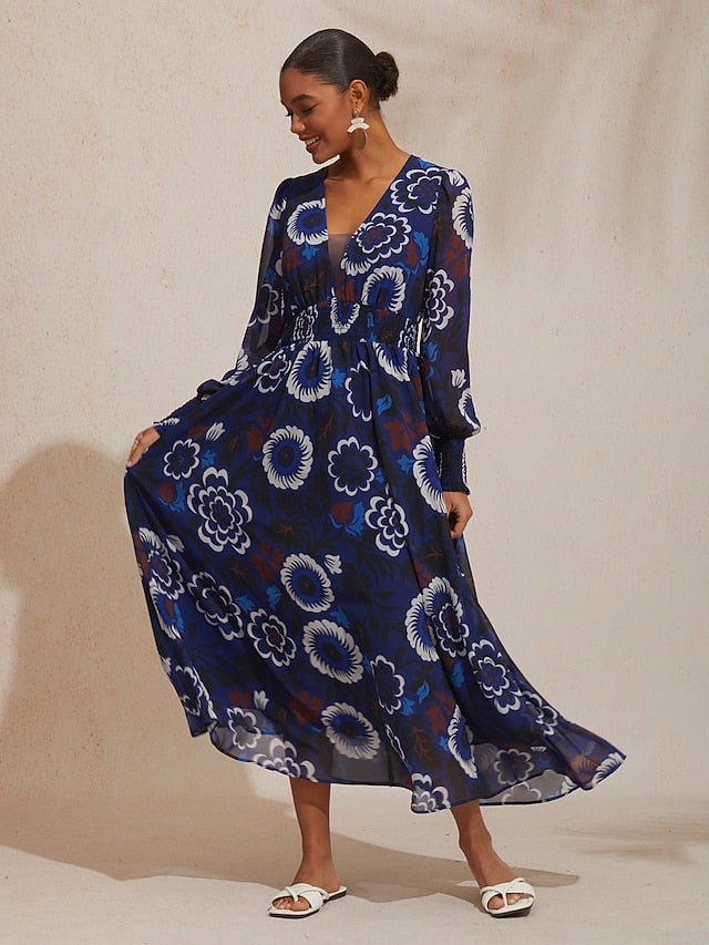 Chiffon Floral Composite Print Elegant Maxi Dress Banquet