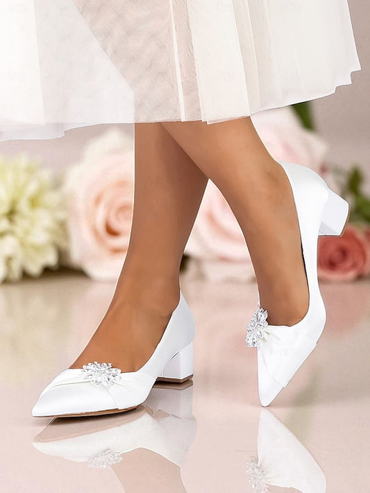 Block Heel Pumps with Crystal Low White Women's