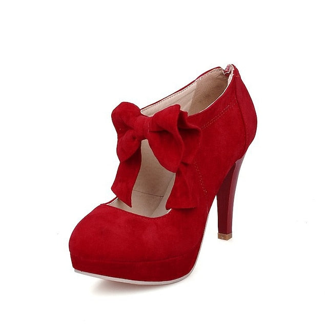 Pumps Bow Suede Vintage Platform High Women's Heel – Red