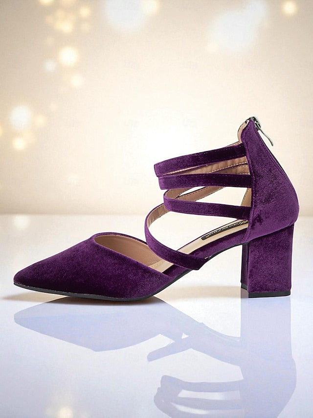 Blue Block Heel Pumps Pointed with Women's Toe Velvet