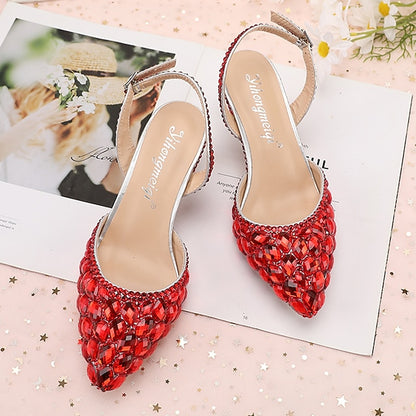 Heels Slingback Women's High Crystal Pointed-Toe Rhinestone