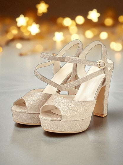 Strap Heel Sandals Platform Ankle High with Glitter Women's