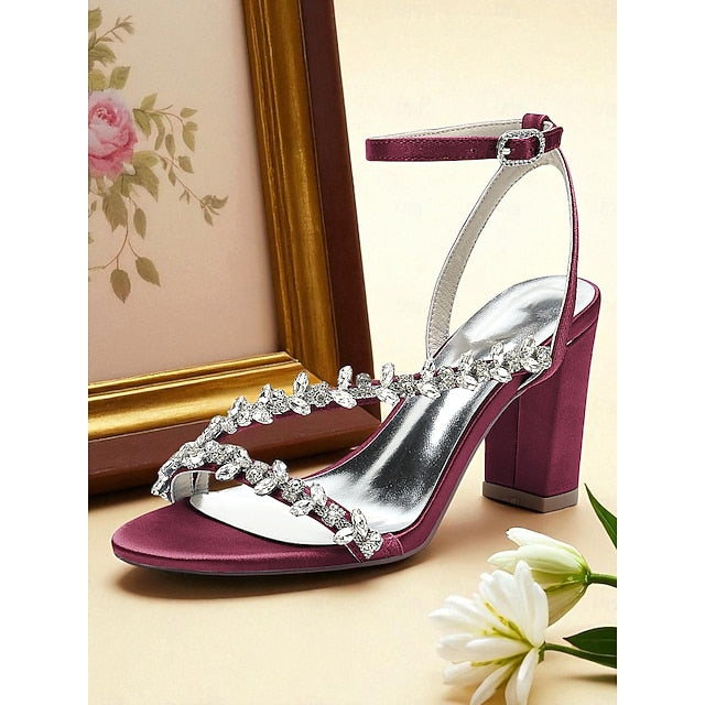 - Rhinestone Heel Block Sandals Women's Straps White with