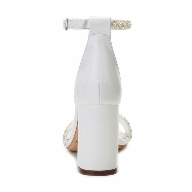 Women's White Block Strap Ankle Embellished Pearl Ivory