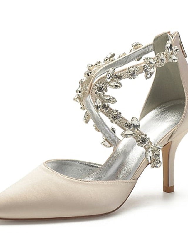 Heels Satin Women's White Pointed Crystal Strap – Elegant