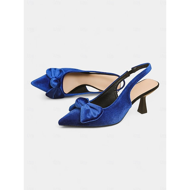 Women's Bow Pointed Velvet Heels Slingback Toe with Blue