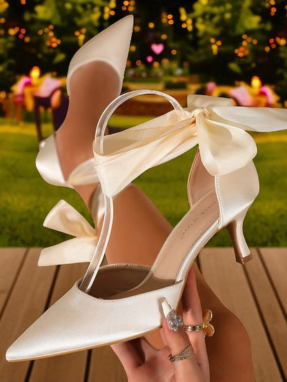 Ribbon Shoes Heel Women's with Pointed-Toe Kitten Satin