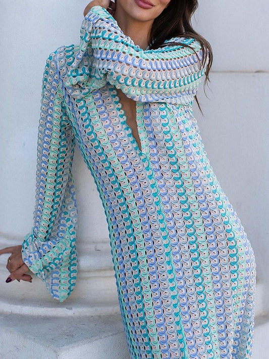 Women's Color Block V Neck Maxi Dress Short Sleeve Spring