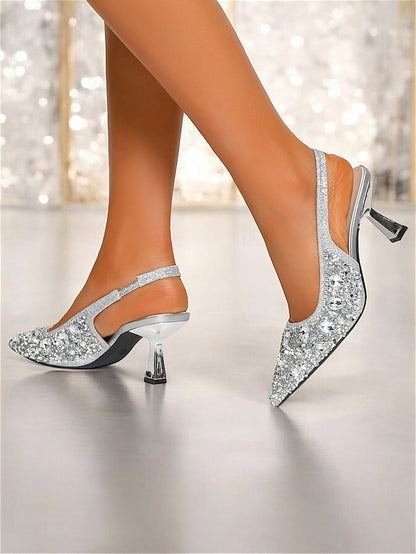 with Slingback Gold Rhinestone Heels Women's Pearl