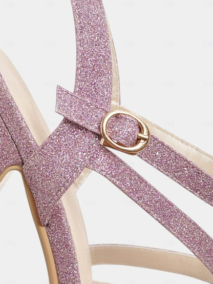 Strap Heel Sandals Platform Ankle High with Glitter Women's