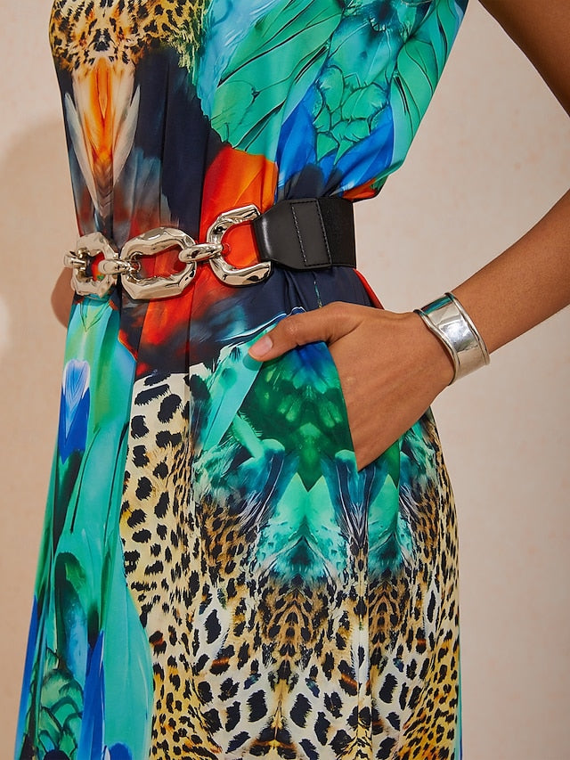 Vacation Jungle Print Satin Maxi Dress