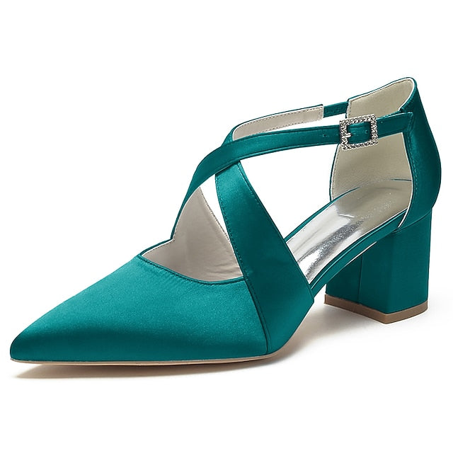 Block Pointed Toe Women's – Satin Elegant Heels White