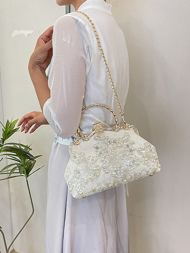 with White Floral Elegant Evening and Pearl Lace Handbag