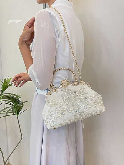 with White Floral Elegant Evening and Pearl Lace Handbag