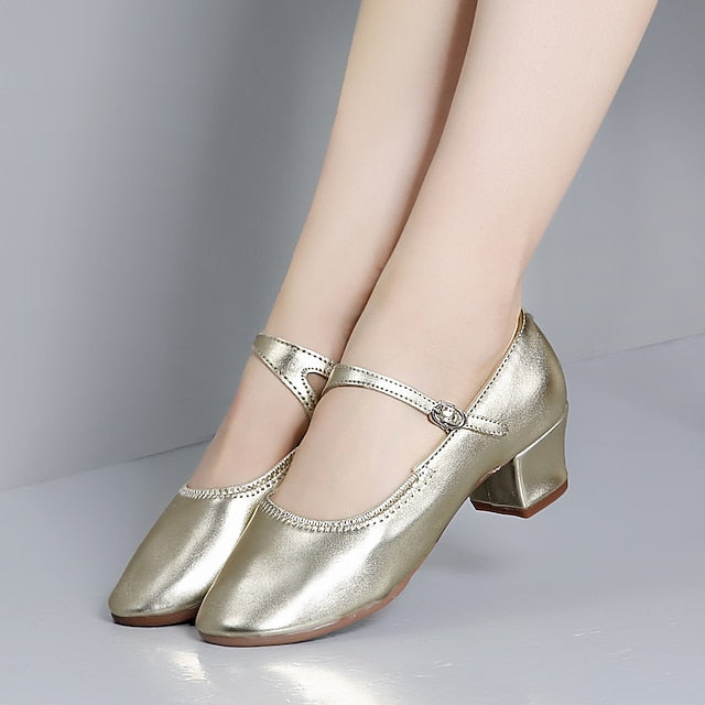 Women's with Low Mary Heel Jane Buckle Dance Gold Shoes