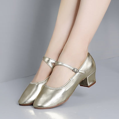 Women's with Low Mary Heel Jane Buckle Dance Gold Shoes