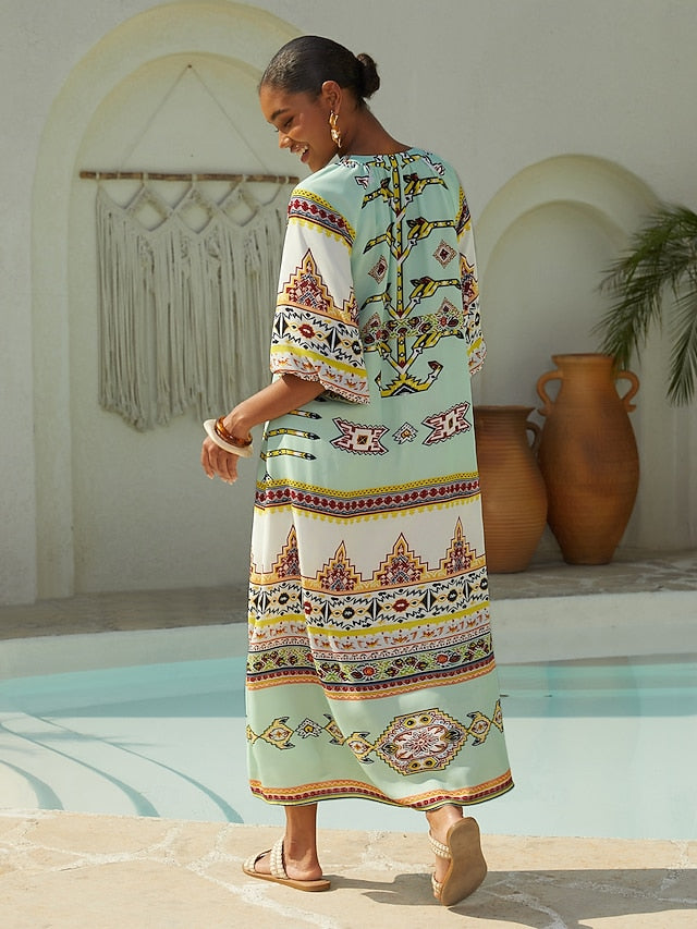 Vacation Vintage Geometric Print Straight Chiffon Maxi Dress