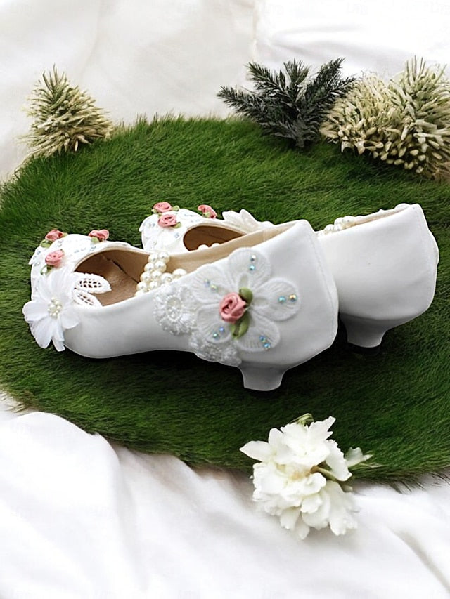 Low Pearl Floral Shoes Bridal White for Embellished Heel Strap