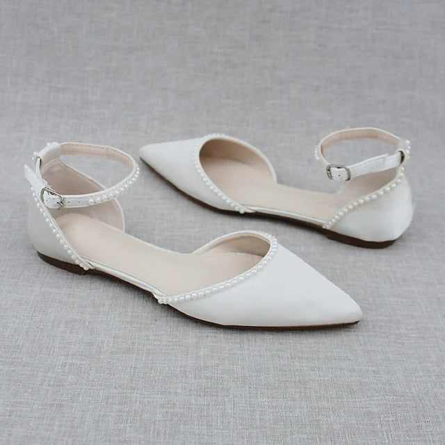 Pointed Toe White Shoes Pearl-Embellished Flat Women's with