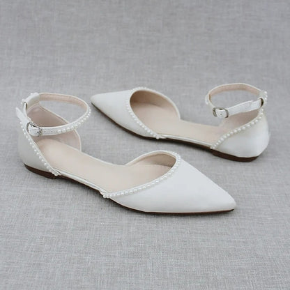 Pointed Toe White Shoes Pearl-Embellished Flat Women's with