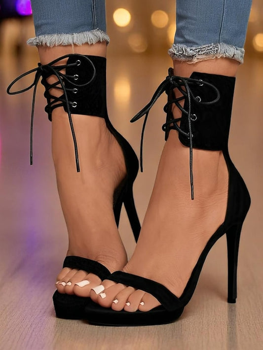 Heel Women's High Lace-Up Sexy Strap - Ankle Black Sandals