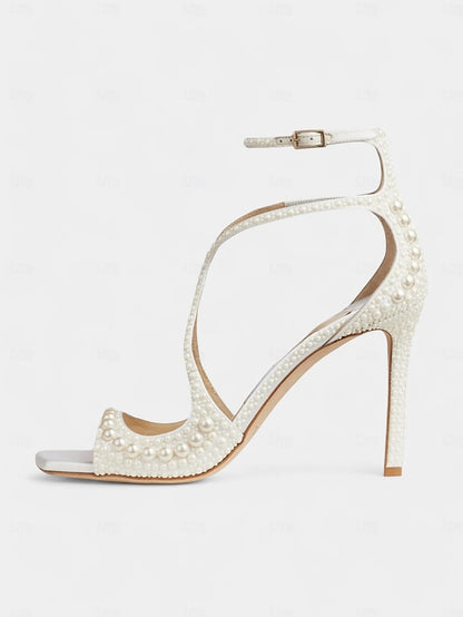 Open-Toe Stiletto Ankle White Sandals Pearl-Embellished with